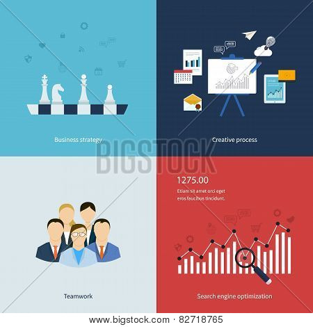 Icons for business strategy, teamwork, workflow, creative process and search engine optimization in