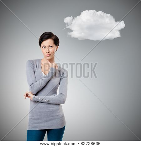 Intriguing look with cloud, gey background