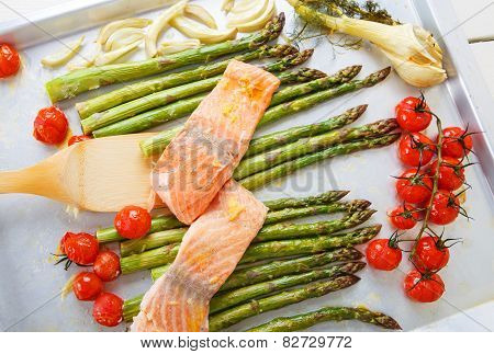 Salmon Fish And Green Aspargus, Cherry Tomatoes And Fennel