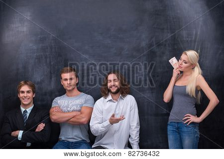Group of young adults man waiting for being choiced by beutiful woman