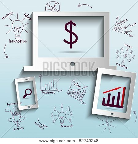 computer with drawing business plan concept ideas