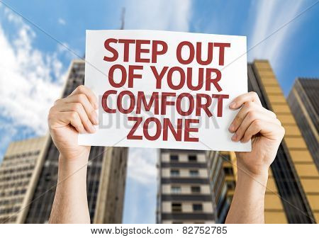 Step Out of Your Comfort Zone card with cityscape background