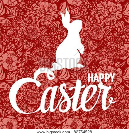 Happy Easter ornate lettering greeting card with floral background
