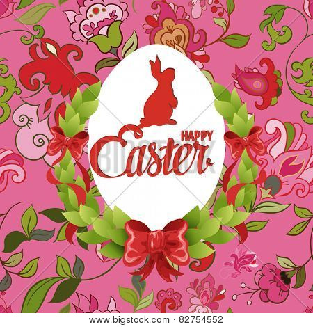 Happy Easter ornate lettering greeting card with floral background