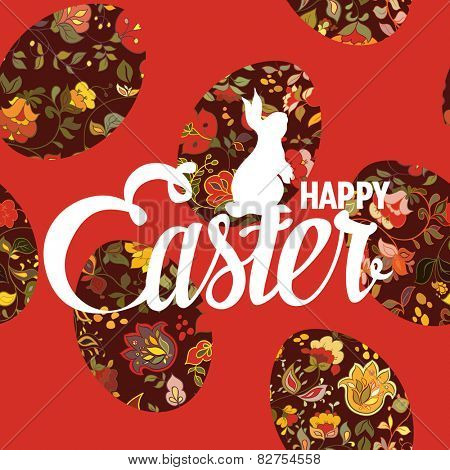 Happy Easter ornate lettering greeting card with floral background