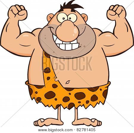 Smiling Caveman Cartoon Character Flexing