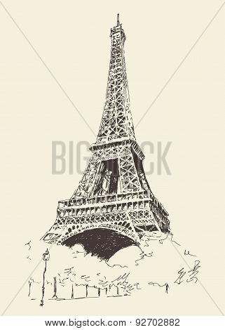 Eiffel Tower Paris France Engraved Hand Drawn