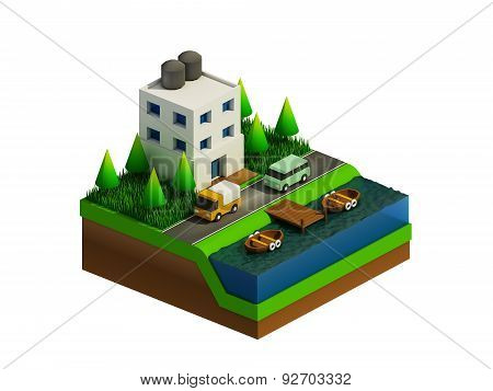 Isometric City Buildings, Landscape, Road And River