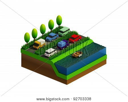 Isometric City Buildings, Landscape, Road And River