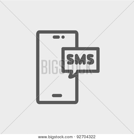 Mobile phone with SMS can receive and send messages icon thin line for web and mobile, modern minimalistic flat design. Vector dark grey icon on light grey background.