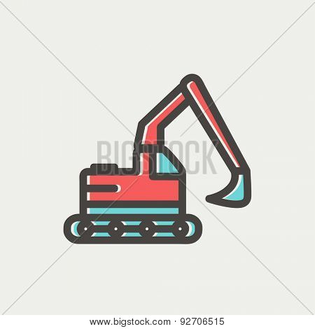Hydraulic excavator truck icon thin line for web and mobile, modern minimalistic flat design. Vector icon with dark grey outline and offset colour on light grey background.