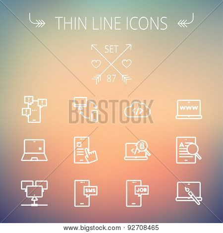 Technology thin line icon set for web and mobile. Set includes - laptop, monitor, smartphones, magnifying glass. Modern minimalistic flat design. Vector white icon on gradient  mesh background.