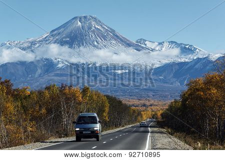 Cars On The Road To Avachinsky Volcano On Kamchatka Peninsula. Russia, Far East