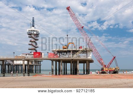 Renovation Pier Of Scheveningen Through Big Red Crane