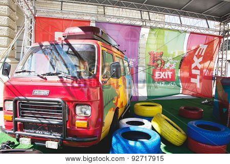 Colorful Retro Minivan Of Exit Festival 2015 In City Center Of Novi Sad
