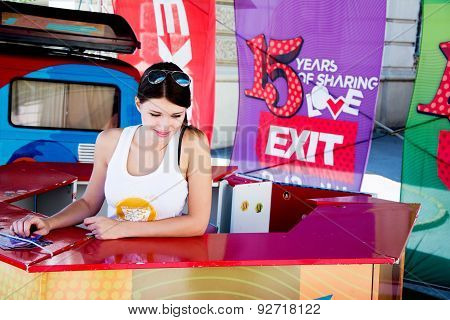 Cute Girl Selling Tickets For Exit Festival 2015 In City Center Of Novi Sad