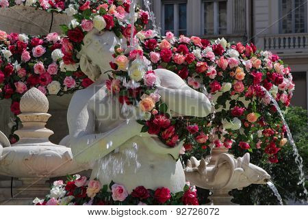 Place and fountain during festival of Roses
