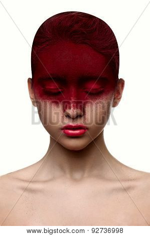 Red Color Makeup On Face Beauty Girl With Pink Lips