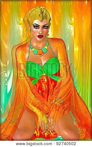 Egyptian princess in orange silks and emerald green with beautiful fashion cosmetics, make up and go
