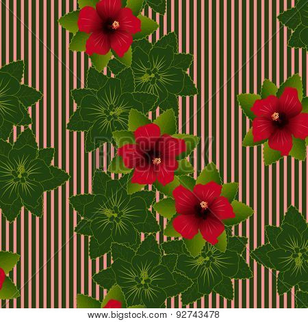 Seamless pattern of Red flower of hibiscus and green leave background
