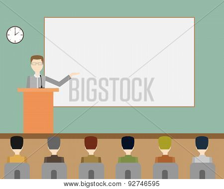 Businessman giving a presentation. Workplace. Vector illustration