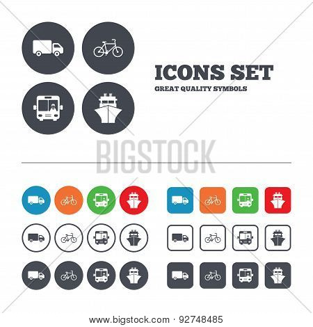 Transport icons. Truck, Bicycle, Bus and Ship.
