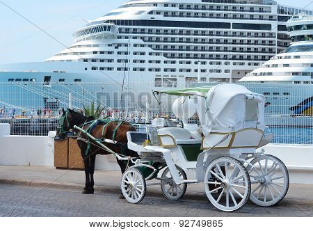 Horse Carriages In Front Of Cruise Liners