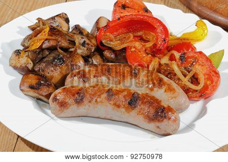 Grilled Sausages, Mushrooms, Tomatoes, Peppers