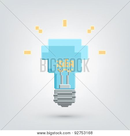 Pixel art light bulb with idea word.