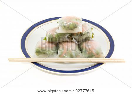 Fresh Vegetable Rice Sheet Rolls For Healthy With Seafood Sauce On White Background,soft Focus