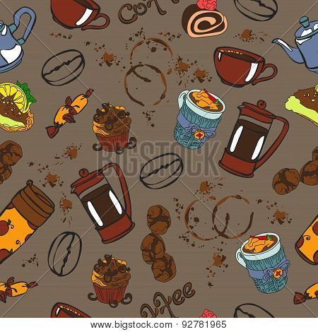 Coffee. Vector seamless pattern (texture) with with objects coffee category.