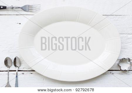 Ceramic Oval Dish, Fork And Spoons