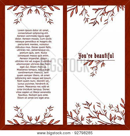 Vertical template greeting card with place for your text. Decorated with floral elements in red bran