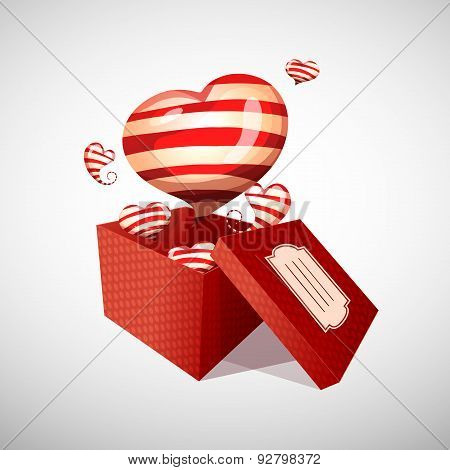 Happy Valentine's day open gift box and flow striped hearts. Vector