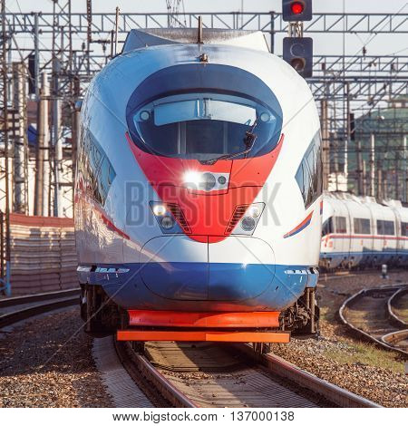 Modern high-speed train departs from Moscow. Russia.