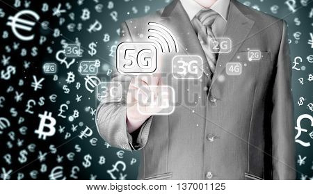 Businessman pressing data connection. High speed data connection. New modern technologies. Virtual world.