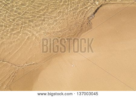 Beautiful crystal clear sea water, Gentle waves breaking on golden sand beach.  From above with copy space.