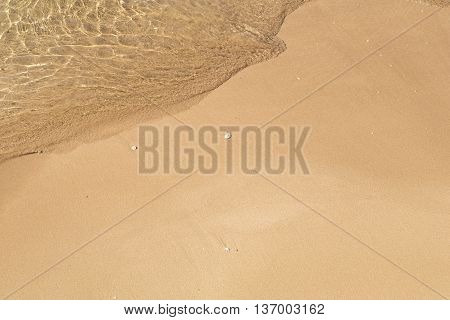 Beautiful crystal clear sea water, Gentle waves breaking on golden sand beach.  From above with copy space.