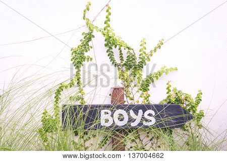 Boys text on an arrow sign pointing left for toilet bathroom.