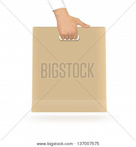 Blank yellow paper bag mock up holding in hand. Empty plastic package mockup hold in hands isolated on white. Consumer pack ready for logo design or identity presentation. Product packet handle.