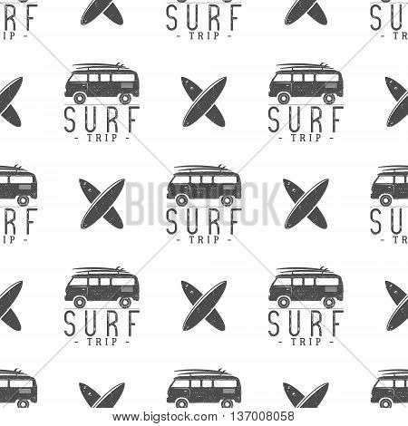 Surfing trip pattern design. Summer seamless design with surfer van, surfboards. Monochrome combi car. Vector illustration. Use for fabric printing, web projects, t-shirts or tee designs.