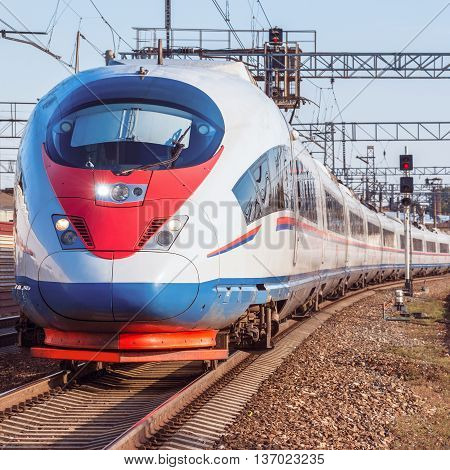 Modern high-speed train departs from Moscow. Russia.