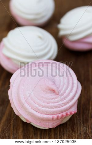 Pink Marshmallows - Zephyr In White Plate. Sweet Dessert Concept