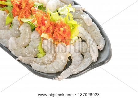 Fresh shrimp with seafood sauce in plate on the white background