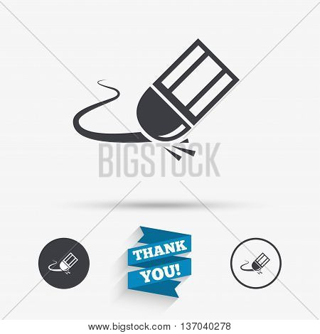 Eraser icon. Erase pencil line symbol. Correct or Edit drawing sign. Flat icons. Buttons with icons. Thank you ribbon. Vector