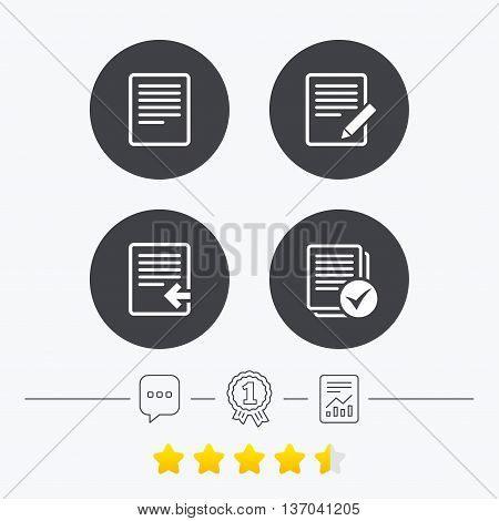 File document icons. Upload file symbol. Edit content with pencil sign. Select file with checkbox. Chat, award medal and report linear icons. Star vote ranking. Vector