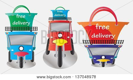 Free delivery word on shopping bag top of tuktuk taxi