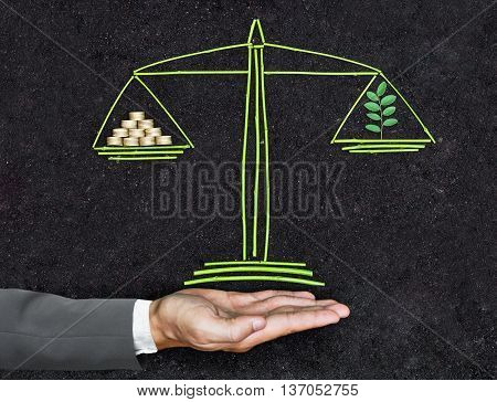 Measuring tree and golden coins on a balance scale