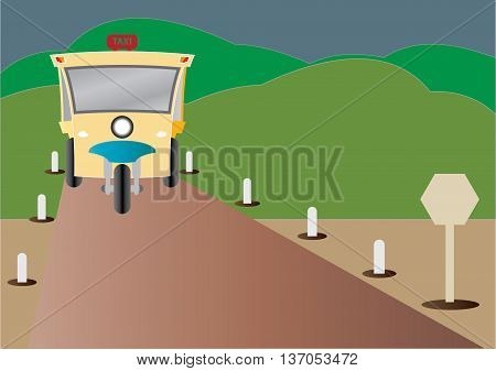 Modern design of Tuktuk with road from mountain