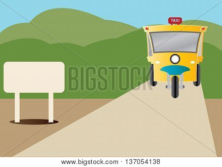 Modern design of Three wheel Motor or Tuktuk with road from mountain and blank road sign
